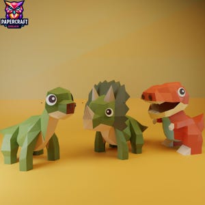 Conjunto de Dinossauros Bebês em Papercraft: T-Rex, Triceratops e Braquiossauro em 3D Low Poly (Modelos em PDF, SVG e DXF).