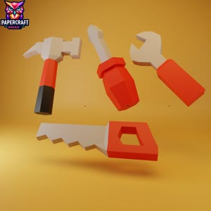 May include: A collection of cartoon-style tools, including a hammer, screwdriver, wrench, and saw. The tools are primarily white and red, with black accents on the hammer. The tools are arranged against a yellow background.