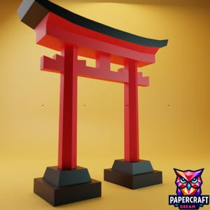May include: A red Torii gate with black detailing, a traditional Japanese Shinto shrine gate. The gate features two pillars and a crossbeam, set on a black base. The Papercraft Dream logo is in the bottom right corner.