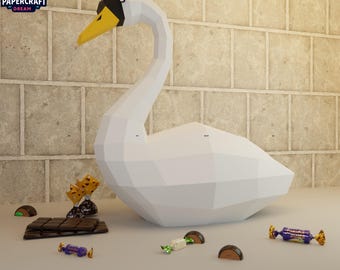 Swan 3D Papperspyssel – Gör-det-själv lågpoly fågelskulptur (pdf, svg, dxf)