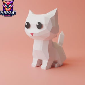 Peut inclure: Un modèle de chat en papier blanc, de style low-poly. Le chat est assis, la queue enroulée derrière lui. Il a de grands yeux noirs et une langue rose.