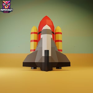 May include: A low-poly papercraft model of a space shuttle, featuring a red and white body with yellow boosters. The shuttle is set against a yellow and green gradient background. The Papercraft Dream logo is in the top left corner.