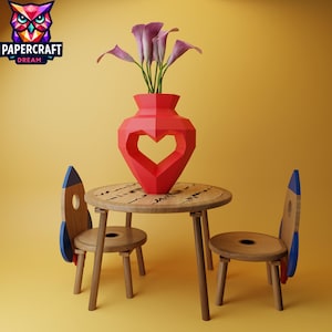 Heart Vase DIY Papercraft Template, Low Poly 3D Flower Vase Digital Download, Valentine&#39;s Gift Craft Kit, PDF Printable Origami Home Decor