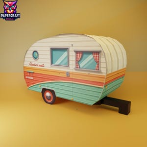 Manualidad de papel 3D de caravana vintage coloreada: plantilla de caravana DIY, remolque de baja poli, plantilla de papel, plantilla de Cricut, plantilla PDF SVG DXF fácil