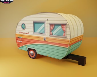 Puede incluir: Una caravana de papel colorida con un diseño retro. La caravana presenta un techo crema, rayas naranjas y turquesas, y laterales turquesas. El texto "Adventure awaits" y "Wander" son visibles. Tiene dos ventanas y una rueda roja.