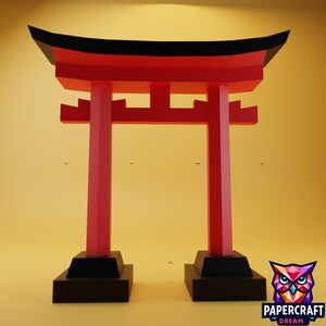 May include: A red and black Torii gate, a traditional Japanese gate, is set against a yellow backdrop. The gate has a curved top and is made from geometric shapes. The Papercraft Dream logo is in the bottom right corner.