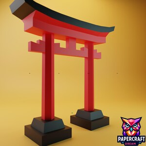 May include: A bright red Torii gate with black detailing, a classic Japanese Shinto shrine entrance. The gate is set against a warm yellow background, with a Papercraft Dream logo in the bottom right corner.