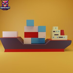 May include: A geometric illustration of a cargo ship in shades of purple and red, carrying containers in white, red, and blue. The background is a solid yellow. The image has a modern, minimalist style.