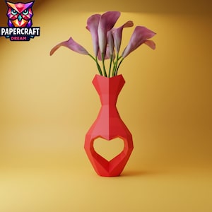 heart vase 3d papercraft, love vase, low poly vases, origami vase, vase pdf template, 3d vase, dried alive flower vase, easy pdf papercraft