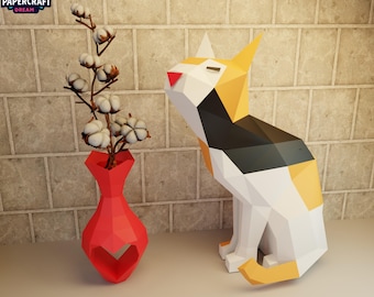 Escultura de gato em papel 3D: gatinho geométrico se aquecendo (pdf, svg, dxf)
