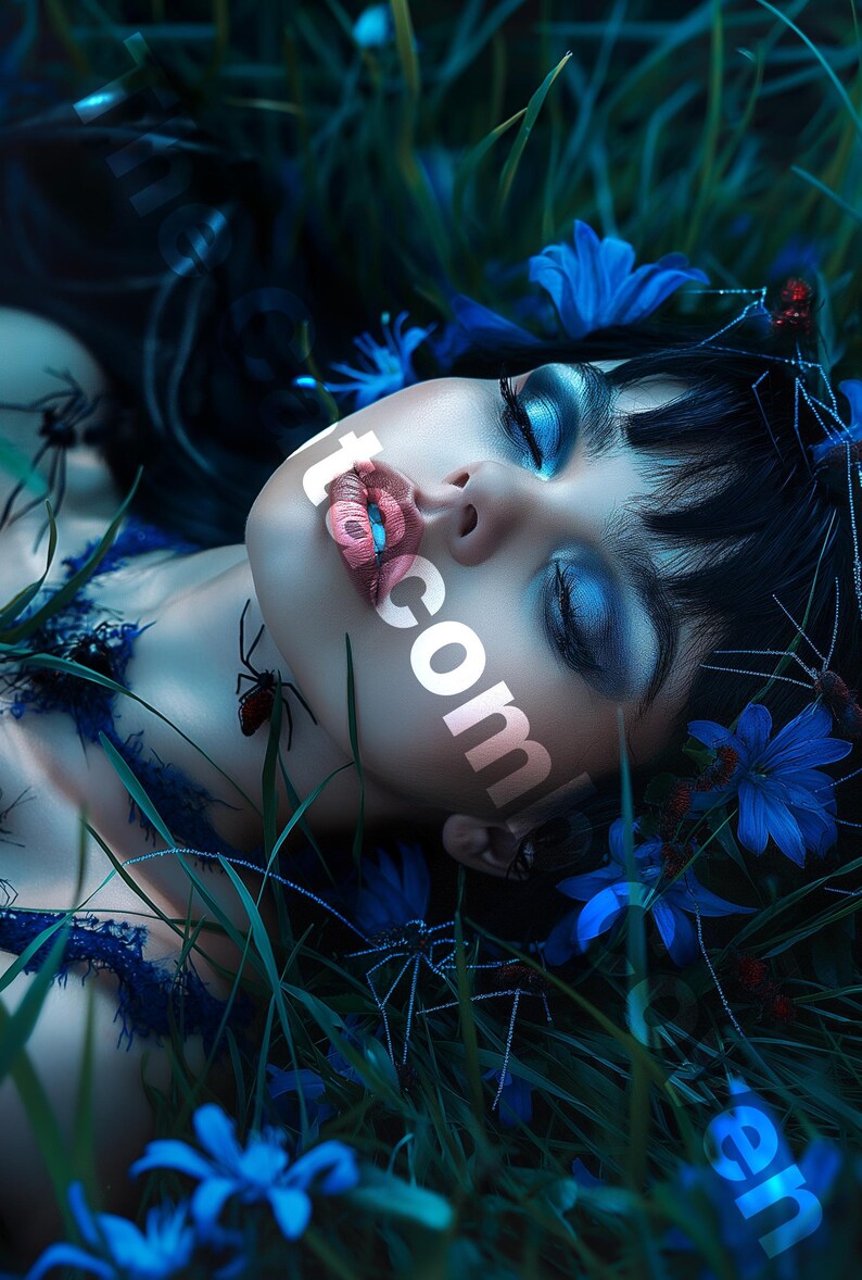 Goth Girl Laying Down in Grass Surrounded by Spiders and Blue Flowers ...