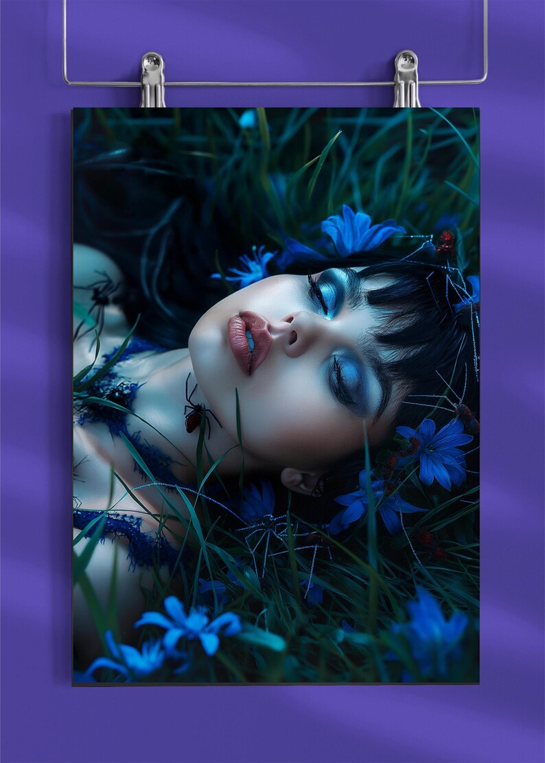 Goth Girl Laying Down in Grass Surrounded by Spiders and Blue Flowers ...