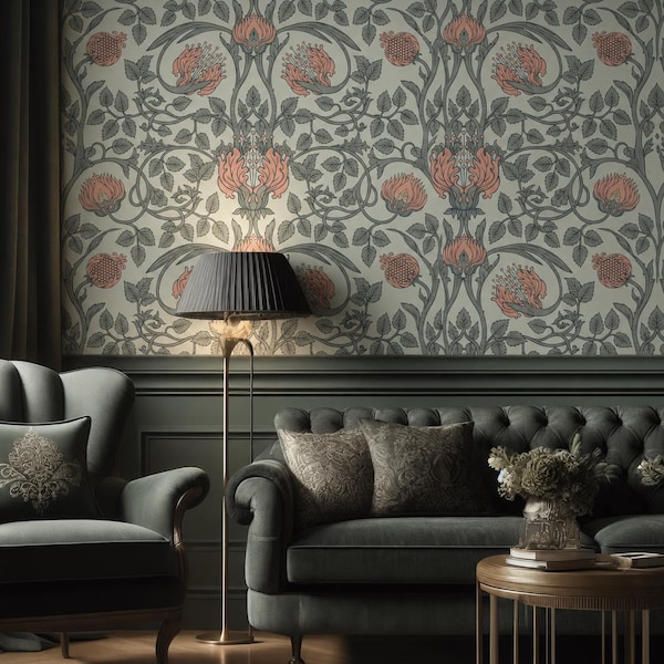 Nouveau Floral Wallpaper | Sage Green Curling Vines Botanical Wall Mural