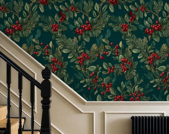 Tapeta Dark Botanical Berry – Świąteczny ostrokrzew – samoprzylepna fototapeta