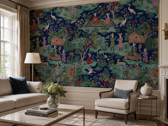 Jaipur Garden Wallpaper | Navy Persian Toile Mural, Royal Court Decor