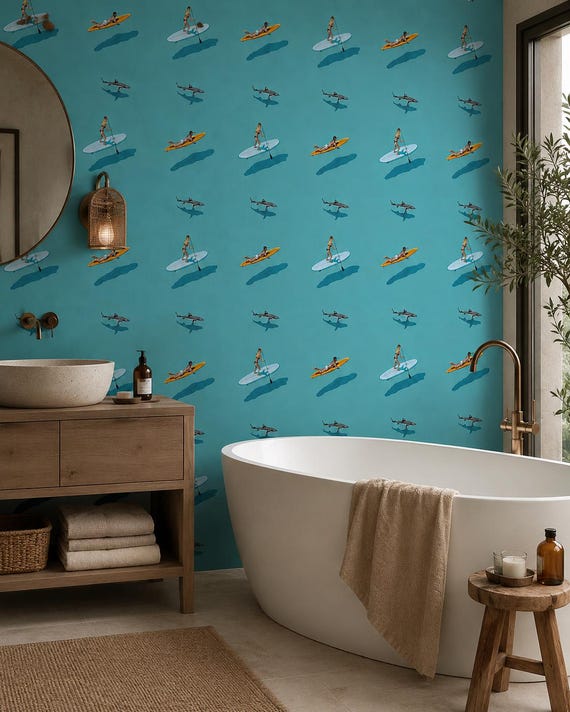 Swimmer and Surf Wallpaper | Teal Blue Ocean Shark Pattern Wall Mural
