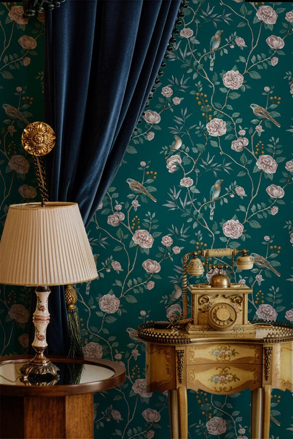 Green Chinoiserie Wallpaper | Bird Rose Floral Wall Mural Peel and Stick