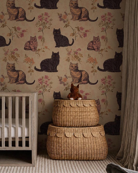 Cat Floral Nursery Wallpaper | Vintage Pink Flower Wall Mural | Cottagecore Home Kids Wall Decor