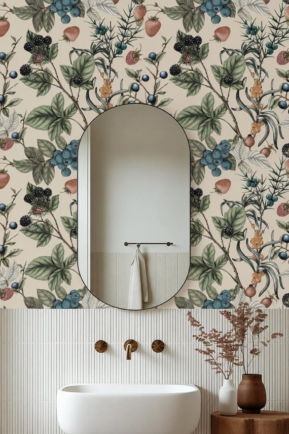 Wild Berry Botanical Wallpaper | Cream Cottagecore Strawberry Blueberry Fruit Wall Mural