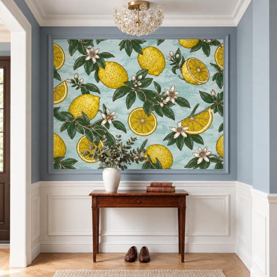 Vintage Lemon Wallpaper | Aqua Citrus Kitchen Mural, Botanical Blossom Decor, Peel and Stick