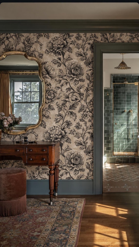 Black Taupe Floral Wallpaper | Vintage Engraving Peony Wall Mural | Victorian Rose Peel and Stick