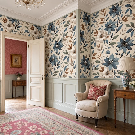 Dusty Blue Brown Botanical Wallpaper | Cream Floral Peel and Stick Wall Mural