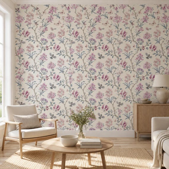 Chinoiserie Pink Floral Bird Wallpaper | Lilac Blossom Home Decor Wall Mural