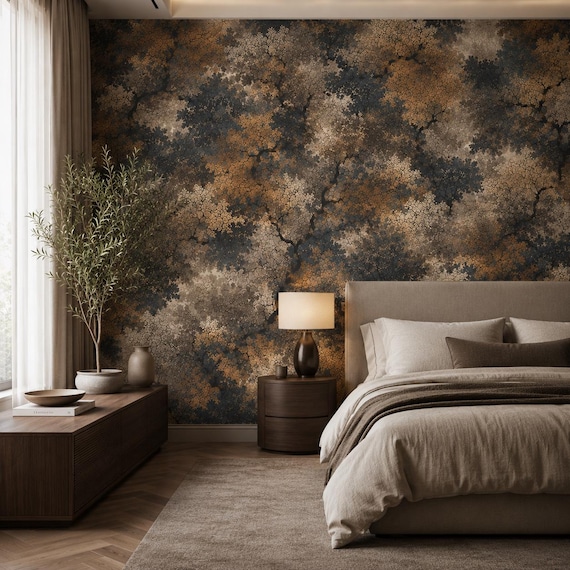 Autumn Tree Forest Wallpaper | Rust Orange Botanical Home Wall Decor