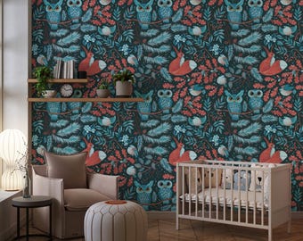 Papel pintado de animales del bosque / Papel pintado de búho, zorro y bosque para habitación infantil