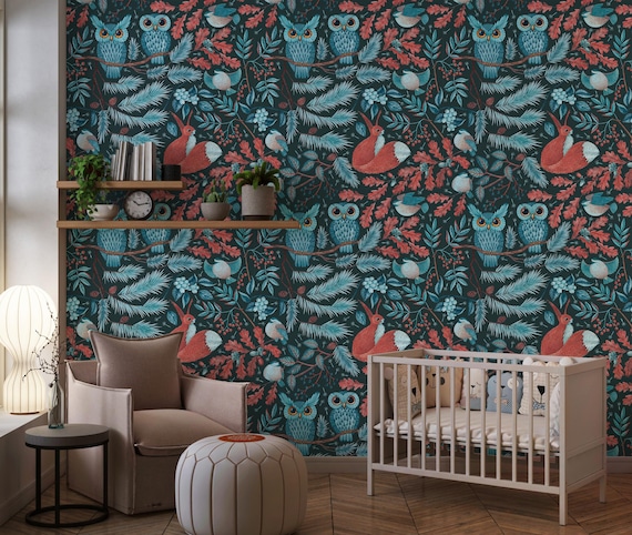 Woodland Animal Wallpaper | Owl Fox Forest Kids Nursery Wallpaper