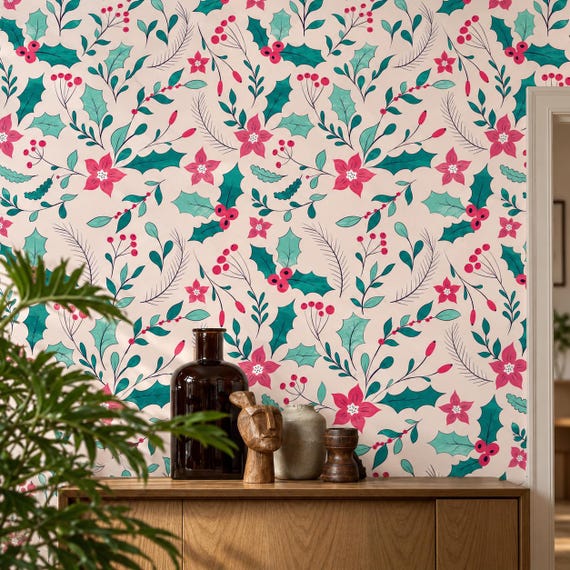 Teal Floral Christmas Wallpaper | Holly Botanical Mural, Poinsettia Peel and Stick, Holiday Decor