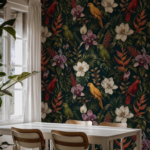 Tropical Parrot Jungle Wallpaper | Dark Exotic Botanical Peel and Stick Wall Mural