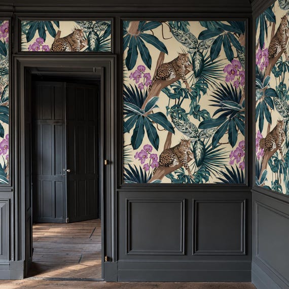 Leopard Jungle Wallpaper | Dark Teal Tropical Leaf Mural | Orchid Peel and Stick | Maximalist Decor