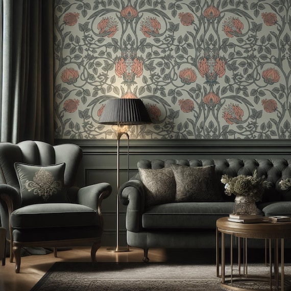 Nouveau Floral Wallpaper | Sage Green Curling Vines Botanical Wall Mural