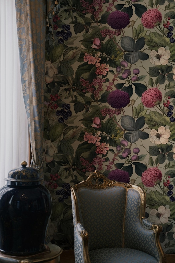 Vintage Botanical Floral Wallpaper | Sage Green Wildflower Wall Mural | Nature Wallpaper Peel and Stick