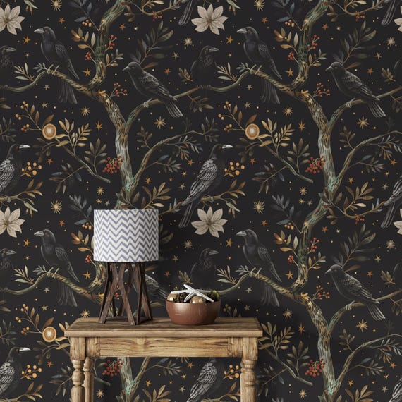 Botanical Bird Wallpaper |  Black Raven Vintage Peel and Stick Wall Mural