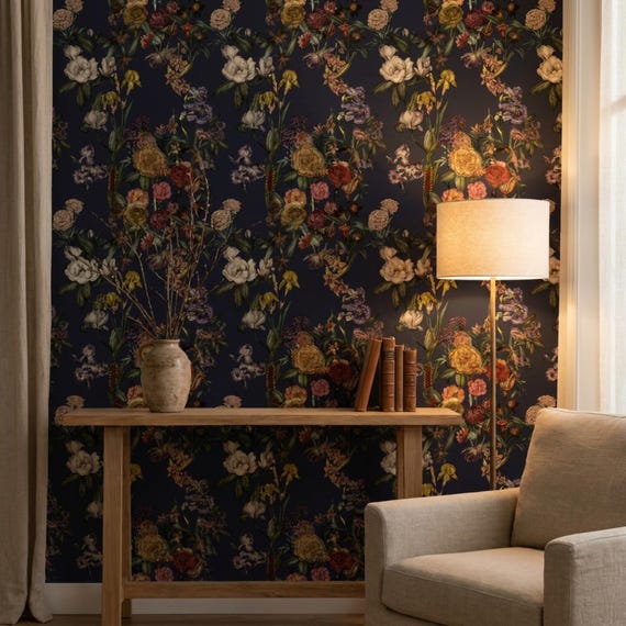 Vintage Peony Floral Wallpaper | Navy Blue Botanical Wall Mural, Peel and Stick or Traditional