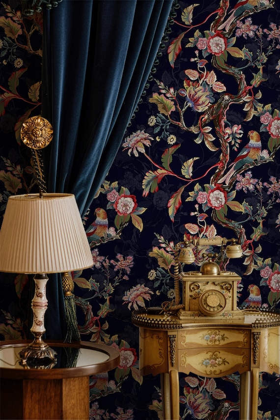 Dark  Botanical Wallpaper | Parrot Tropical Wall Mural | Navy Jewel Tone Exotic Garden Tropical