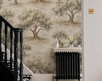 Mediterranean Olive Grove Wallpaper | Watercolor Botanical Tree Home Decor, Peel and Stick