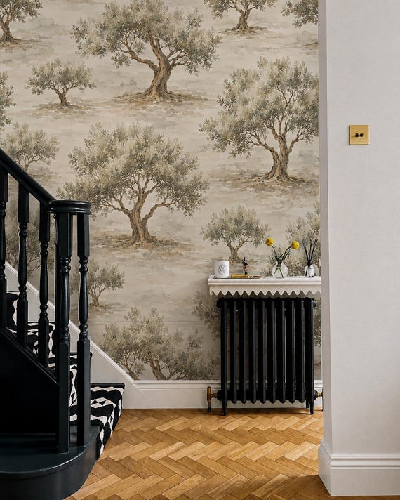 Mediterranean Olive Grove Wallpaper | Watercolor Botanical Tree Home Decor, Peel and Stick