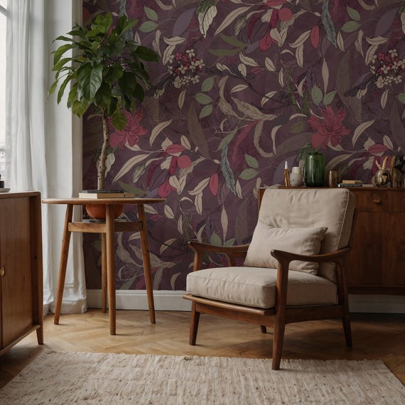 Purple Botanical Wallpaper | Dark Mauve Moody Floral Leaf Wall Mural | Peel and Stick Decor