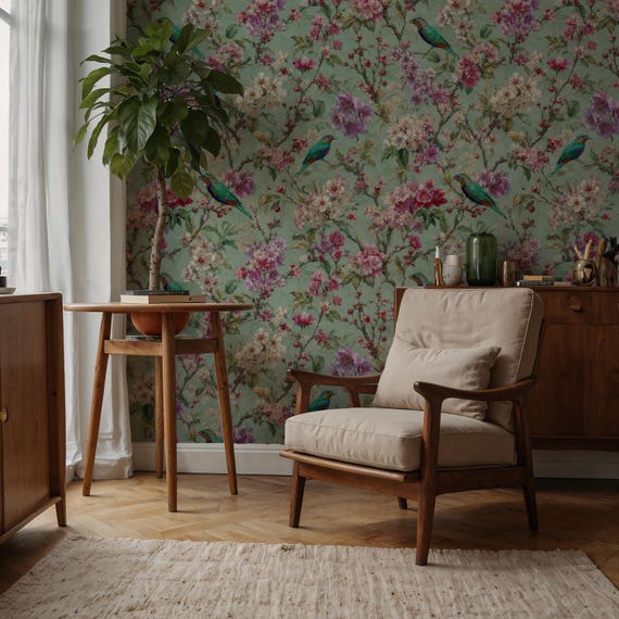 Floral Bird Chinoiserie Wallpaper | Cherry Blossom Wall Mural, Turquoise Songbird Home Wall Decor