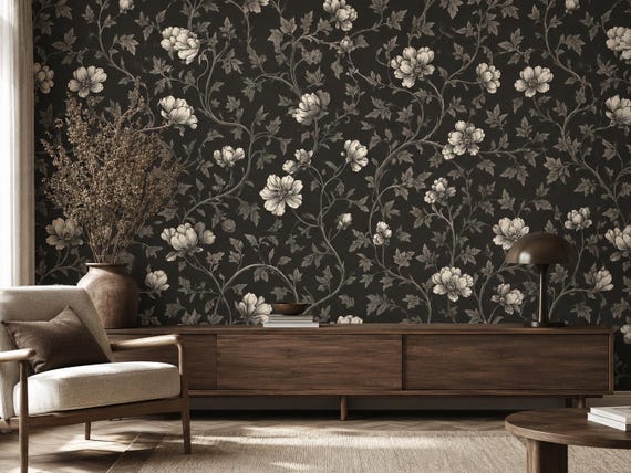 Black Botanical Floral Wallpaper | Vintage Beige Flowers Wall Mural | Peel and Stick