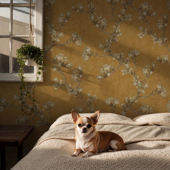 Vintage Floral Branch Wallpaper | Almond Blossom By Van Gogh, Golden Yellow Botanical Wall Mural