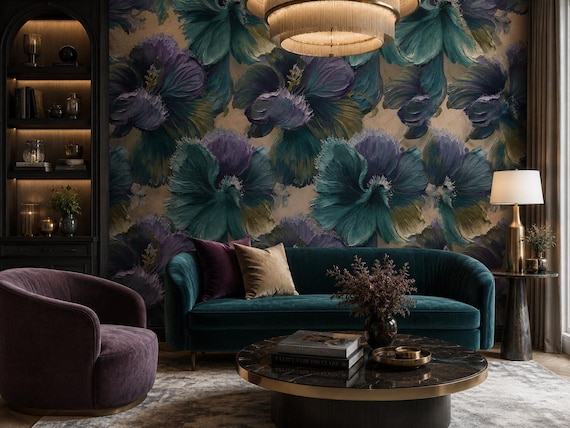 Textured Floral Wallpaper | Teal Purple Oil Painting Flower Peel and Stick Mural