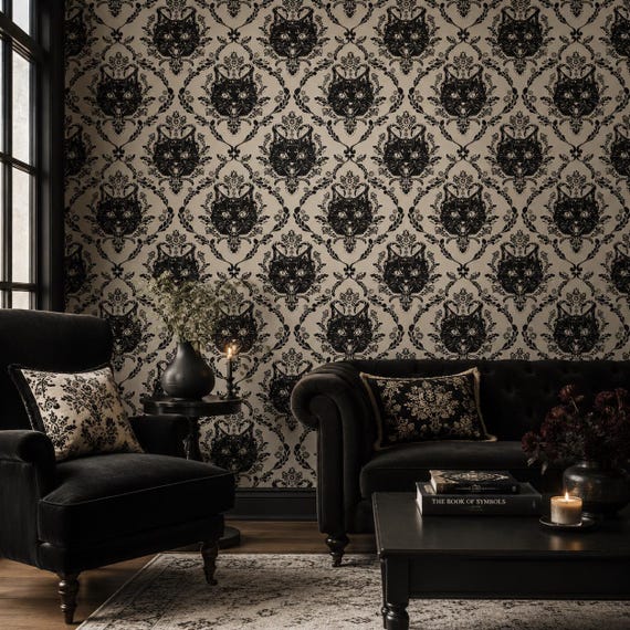 Gothic Black Cat Damask Wallpaper | Witchy Dark Academia Peel and Stick  Wall Mural
