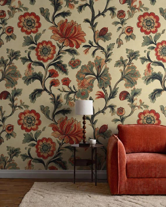 Jacobean Floral Wallpaper | William Morris Style Botanical Wall Mural, Red Cream Home Decor