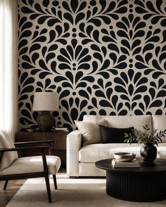 Black White Damask Wallpaper | Bold Abstract Botanical Wall Mural | Baroque Floral Peel and Stic