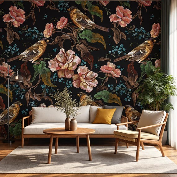 Embroidery Floral Wallpaper | Dark Bird Botanical Wall Mural