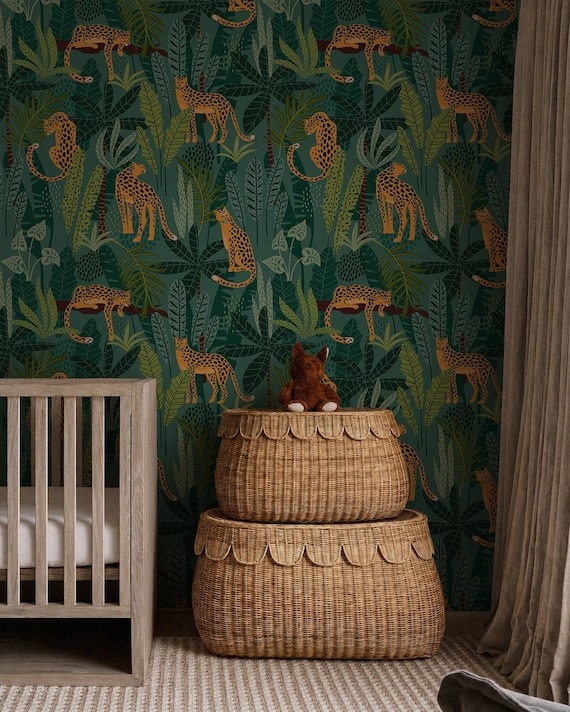 Tropical  Leopard Jungle Wallpaper | Dark Teal Big Cat Wall Mural | Forest Green Leopard